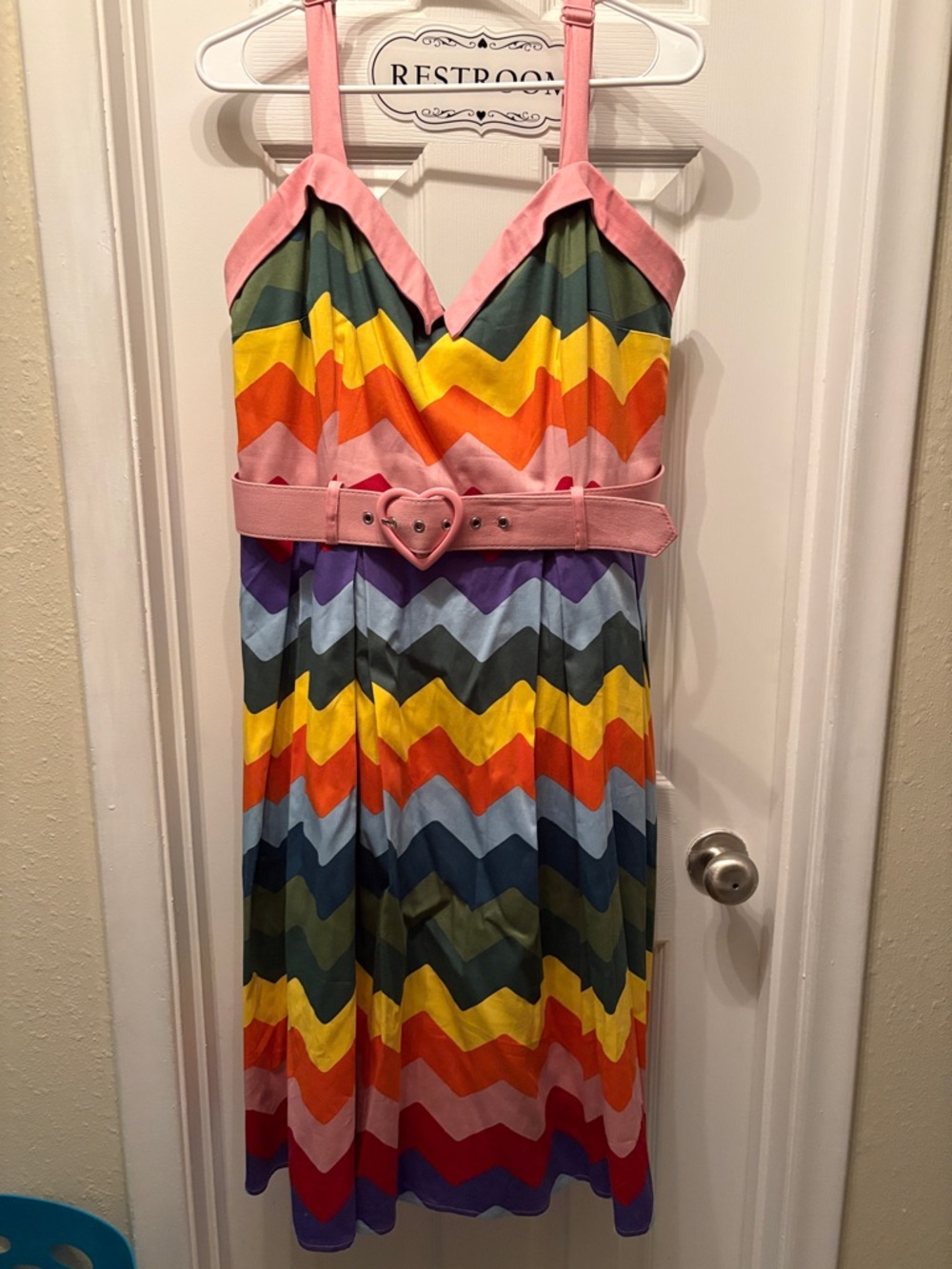 Colorful Chevron Stripe Sundress with Pink Heart Belt vintage pinup style